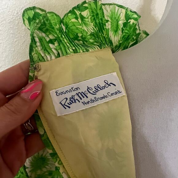 Vintage 1970s green floral ruffle long sleeve matching belt shirt dress SMALL - Picture 4 of 6